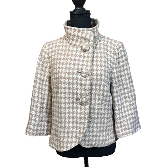 Banana Republic Houndstooth Wool Cropped Coat Jacket Beige Size 12 Classic Y2K - Picture 2 of 14